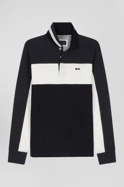 Regular black tricolor long-sleeved cotton piqué polo shirt