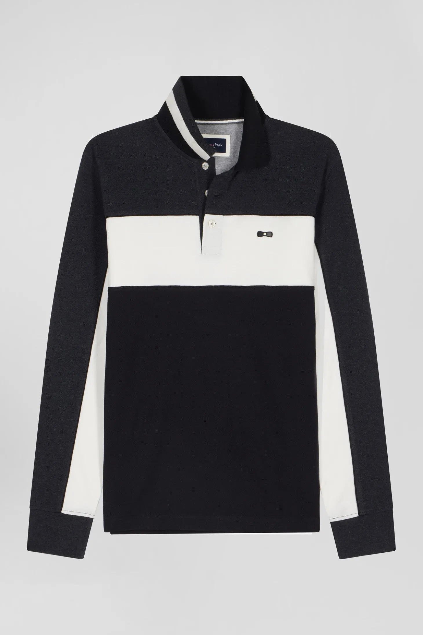 Regular black tricolor long-sleeved cotton piqué polo shirt