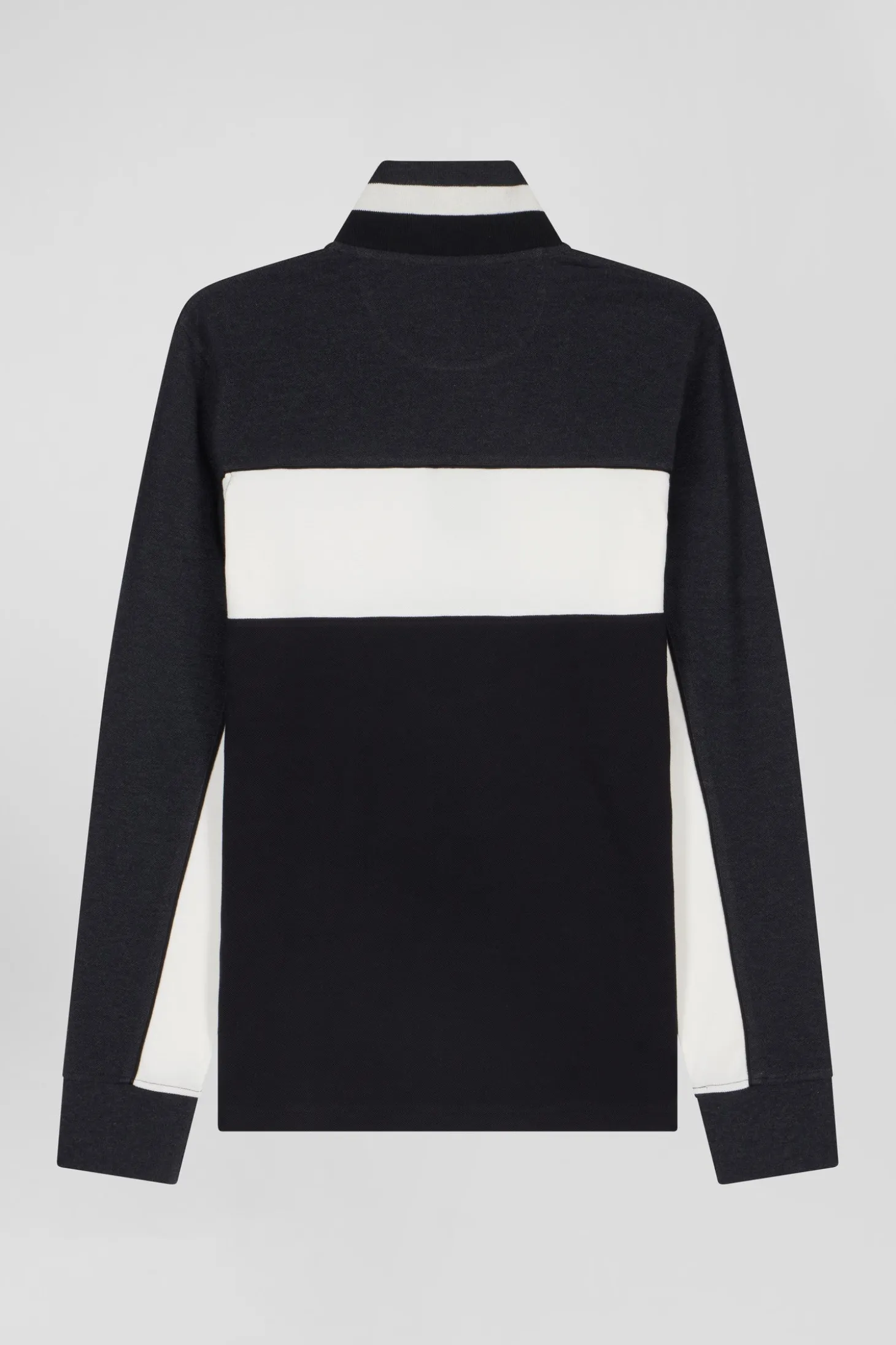 Regular black tricolor long-sleeved cotton piqué polo shirt