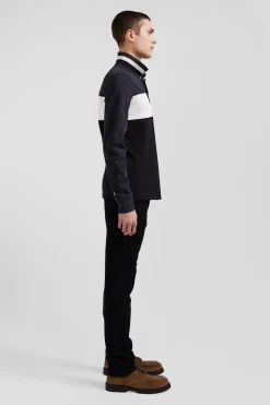 Regular black tricolor long-sleeved cotton piqué polo shirt