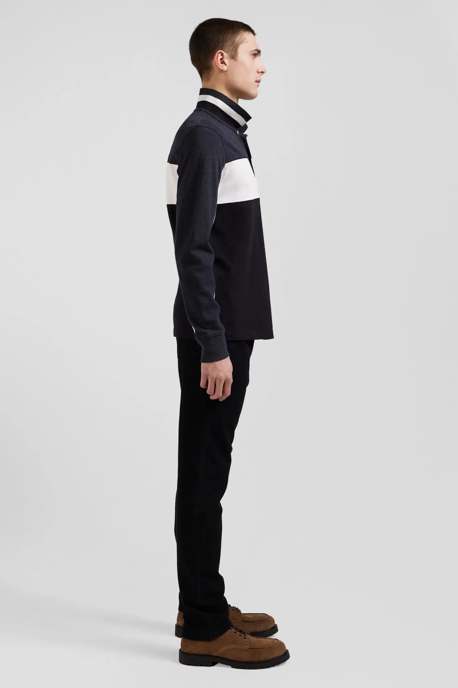 Regular black tricolor long-sleeved cotton piqué polo shirt