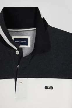 Regular black tricolor long-sleeved cotton piqué polo shirt