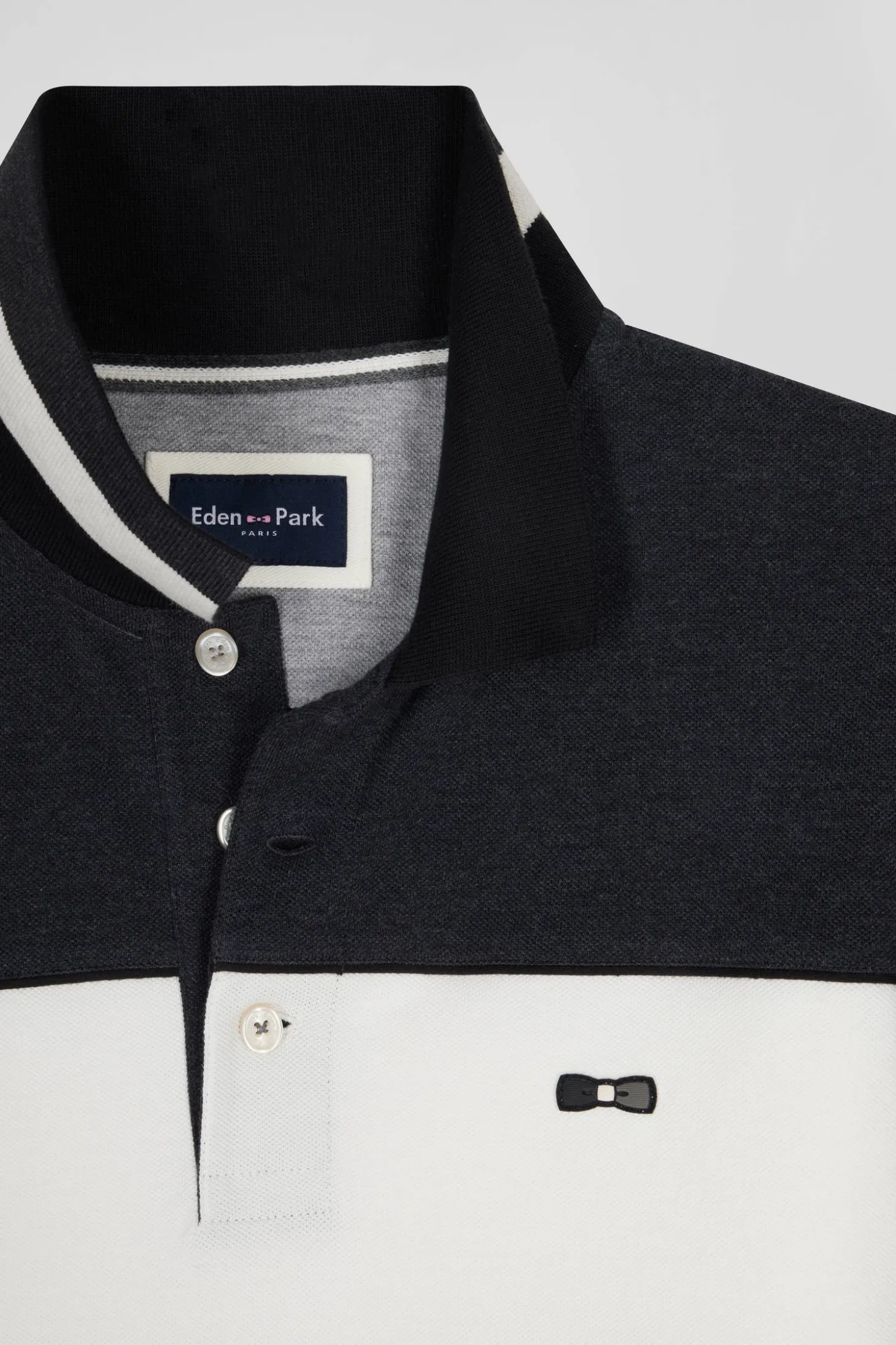 Regular black tricolor long-sleeved cotton piqué polo shirt