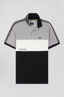 Regular black tricolor short-sleeved cotton piqué polo shirt with Eden Park lettering