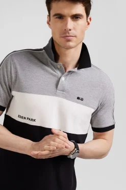Regular black tricolor short-sleeved cotton piqué polo shirt with Eden Park lettering