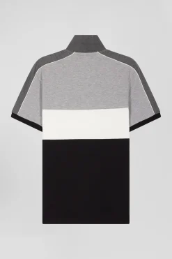 Regular black tricolor short-sleeved cotton piqué polo shirt with Eden Park lettering