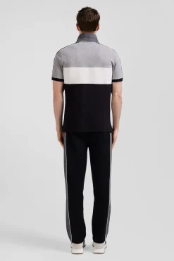 Regular black tricolor short-sleeved cotton piqué polo shirt with Eden Park lettering