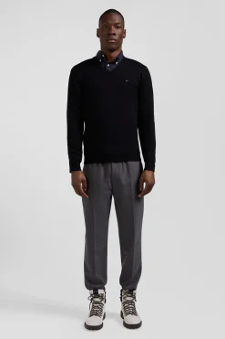 Regular black wool and cotton V-neck jumper with striped details
