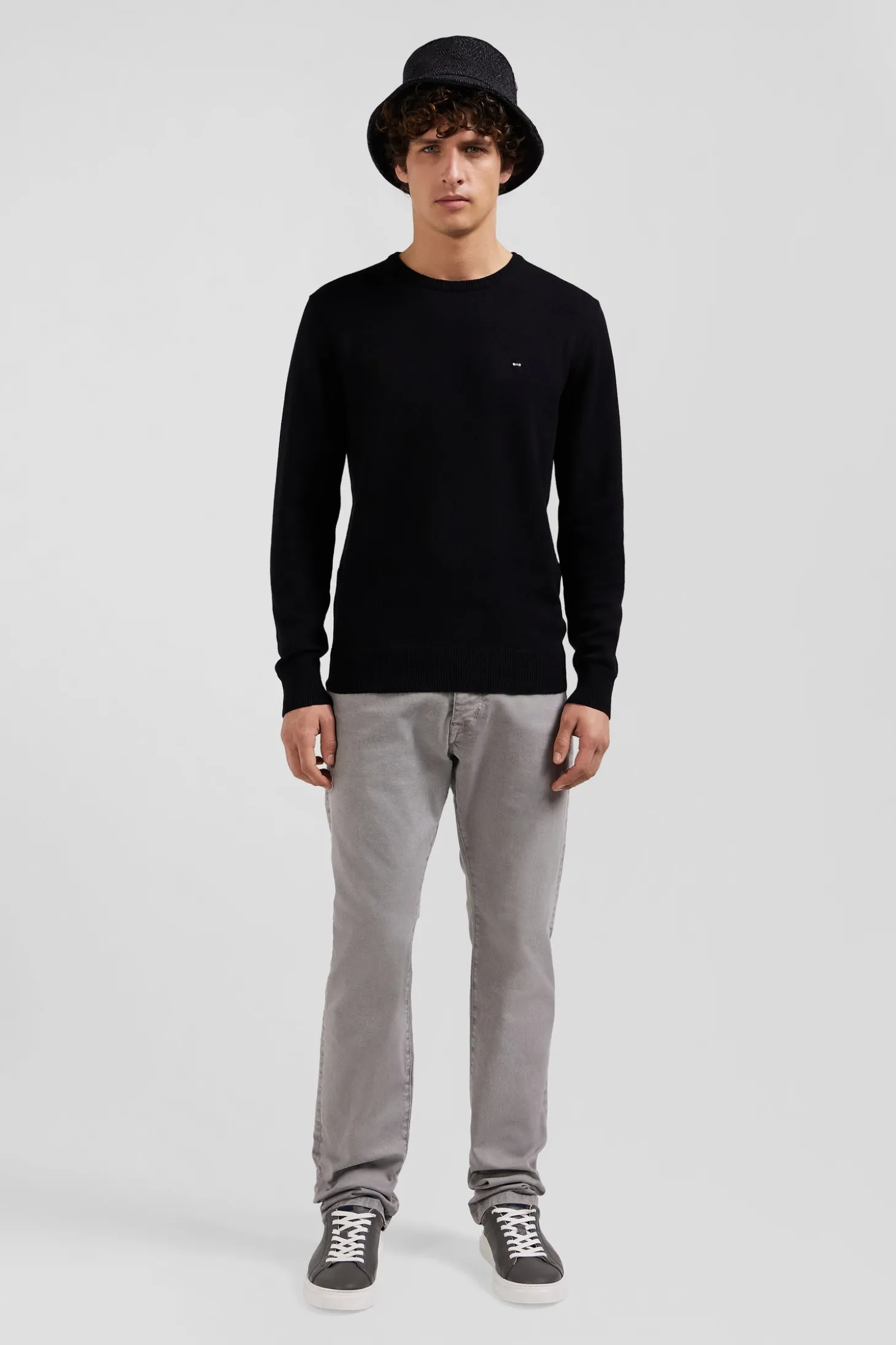 Regular black wool and cotton crew neck jumper