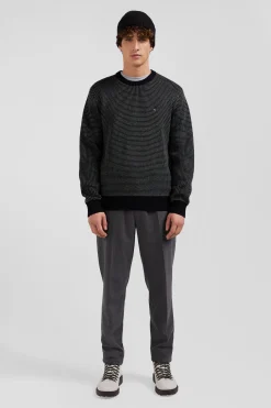 Regular black wool and cotton crew neck jumper