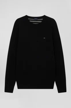 Regular black wool and cotton crew neck jumper