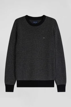 Regular black wool and cotton crew neck jumper