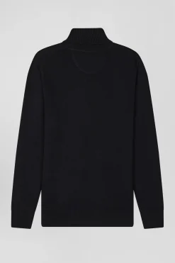 Regular black wool and cotton turtleneck jumper