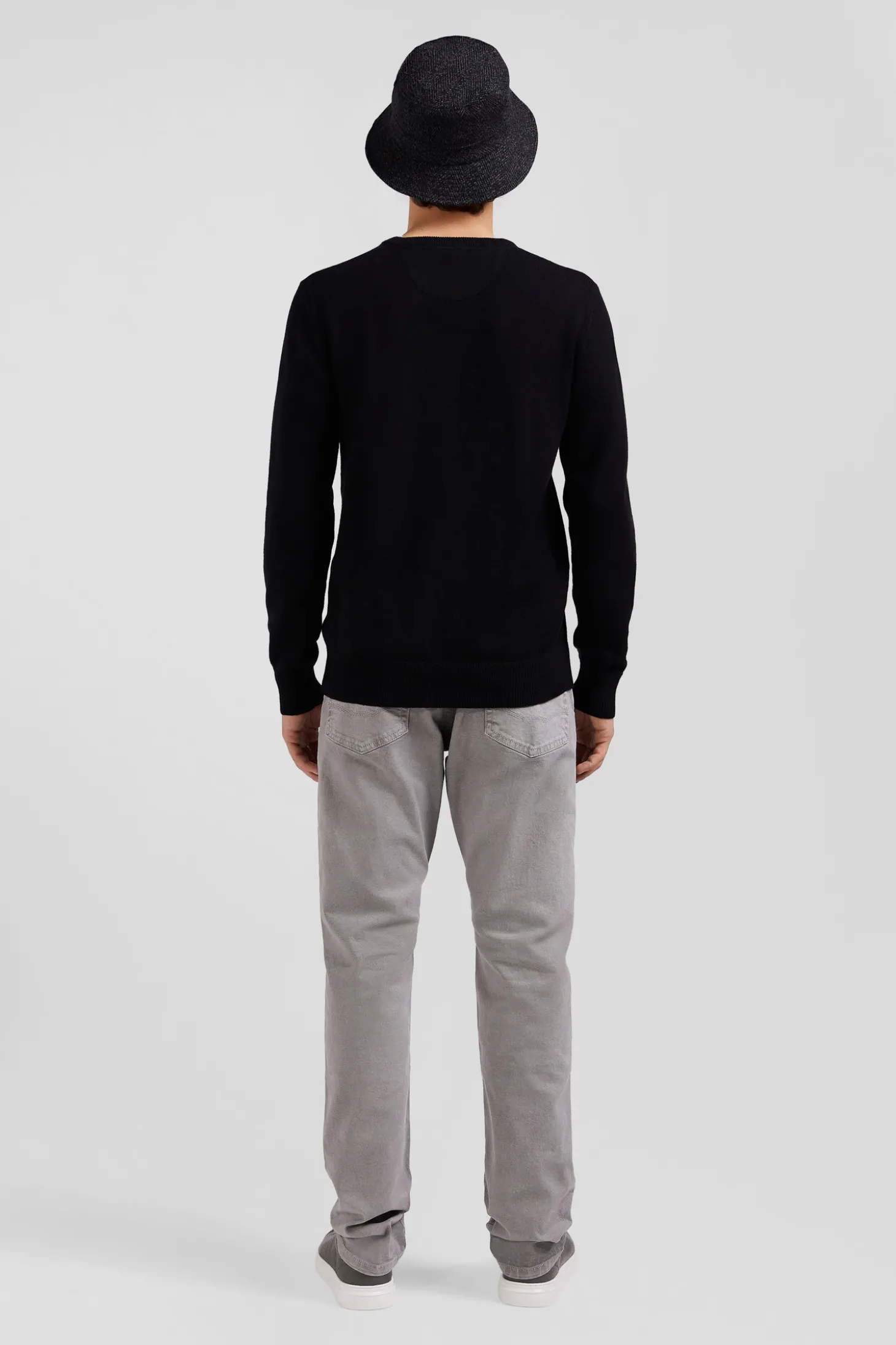 Regular black wool and cotton crew neck jumper