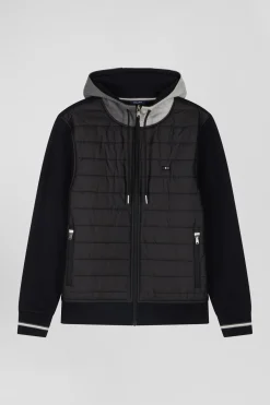 Regular black zipped bi-material sweatshirt with padded front