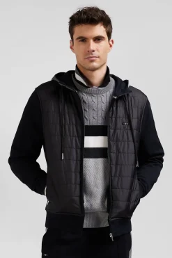 Regular black zipped bi-material sweatshirt with padded front