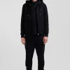 Regular black zipped brushed cotton fleece hoodie