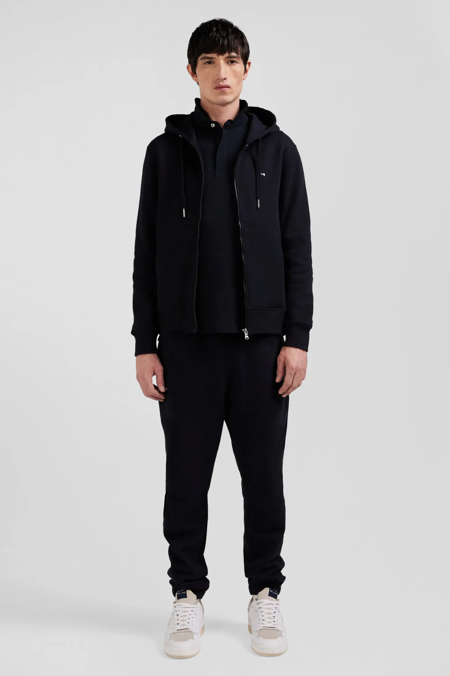 Regular black zipped brushed cotton fleece hoodie