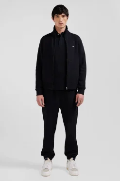 Regular black zipped brushed cotton fleece sweatshirt with high top collar