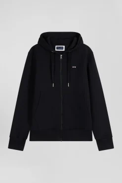 Regular black zipped brushed cotton fleece hoodie