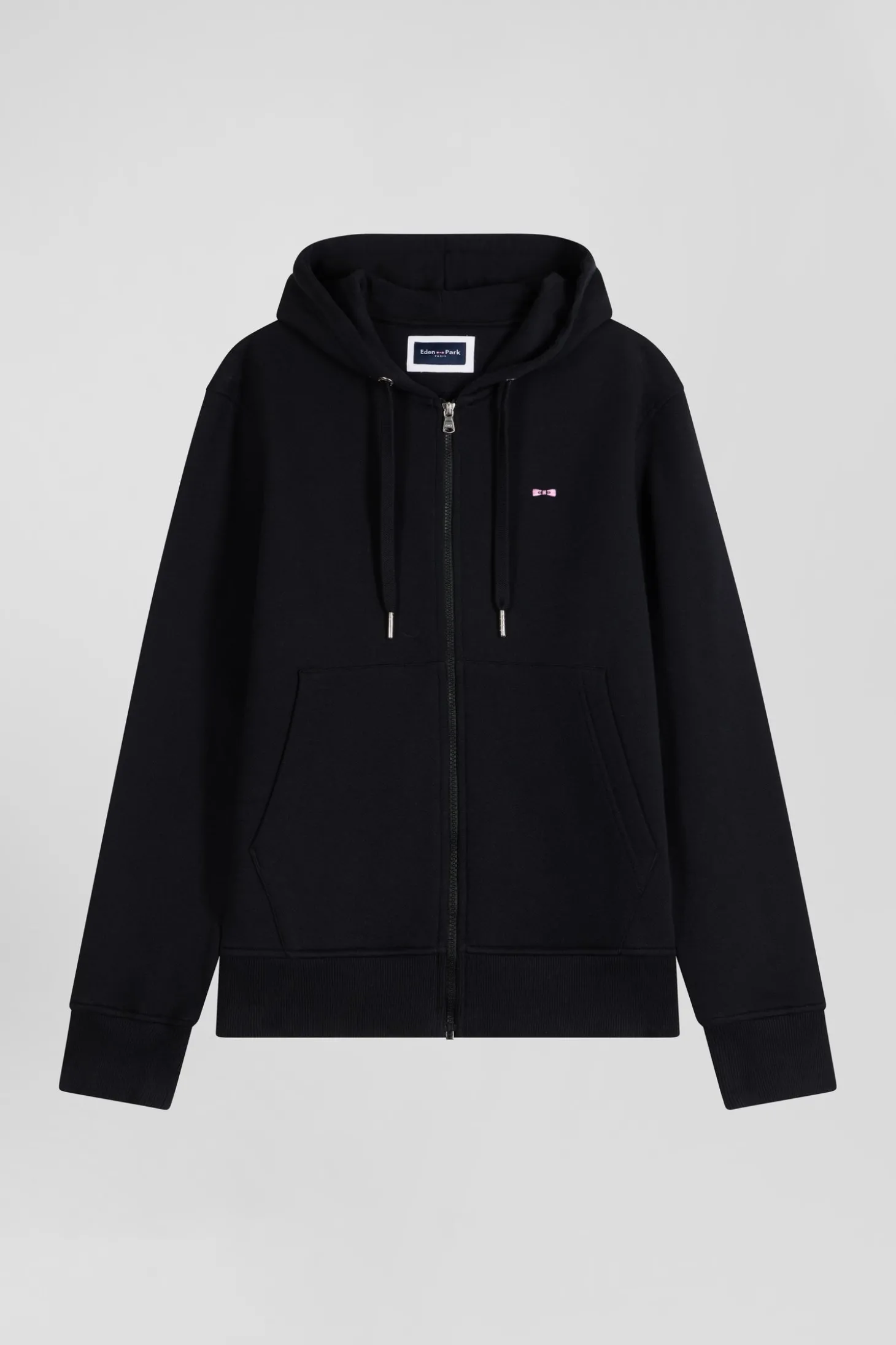 Regular black zipped brushed cotton fleece hoodie