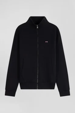 Regular black zipped brushed cotton fleece sweatshirt with high top collar