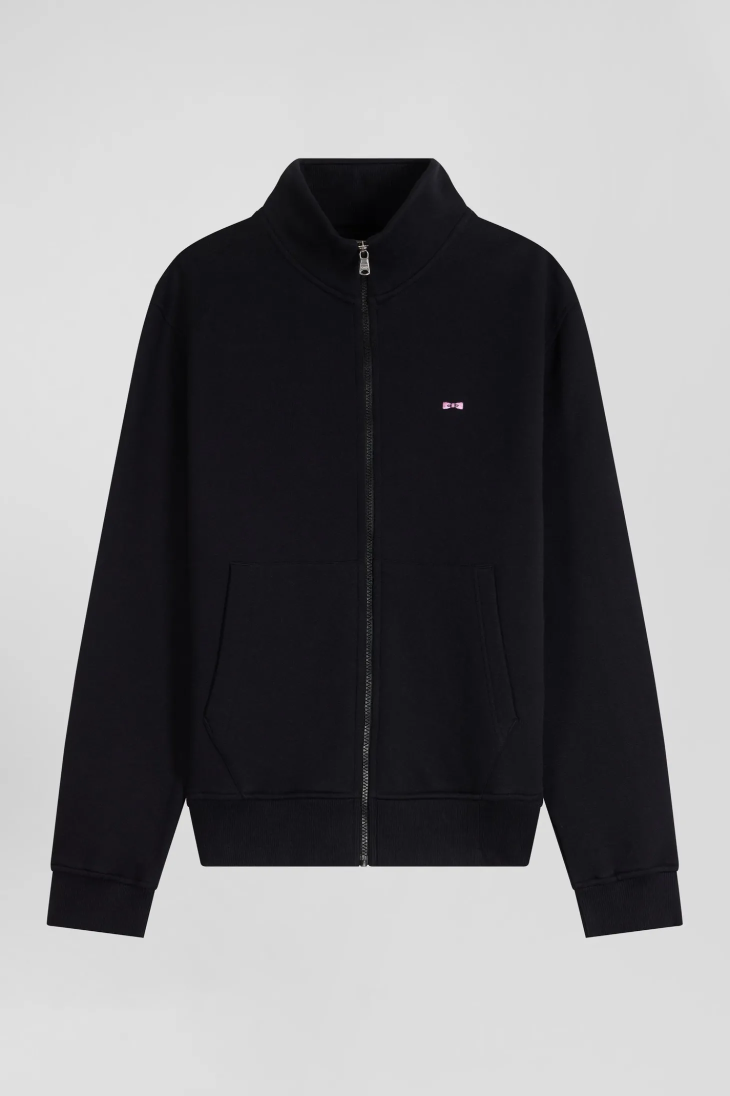Regular black zipped brushed cotton fleece sweatshirt with high top collar