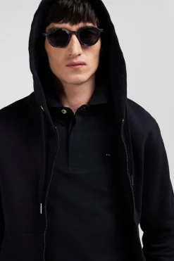 Regular black zipped brushed cotton fleece hoodie