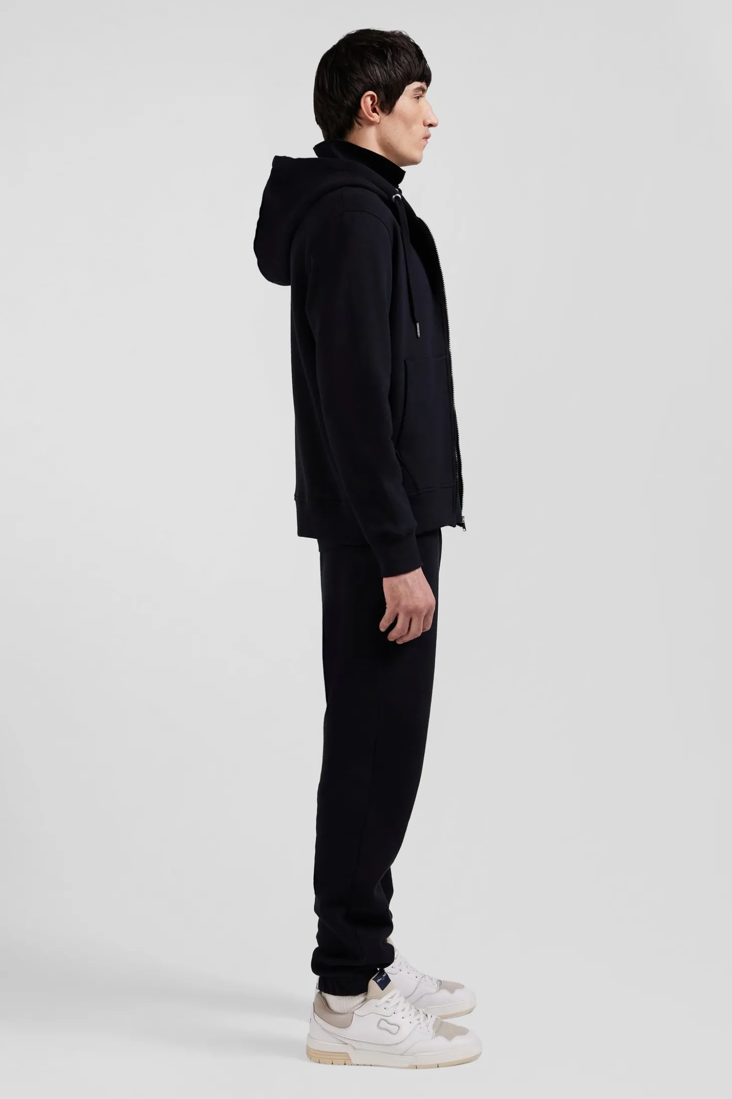 Regular black zipped brushed cotton fleece hoodie