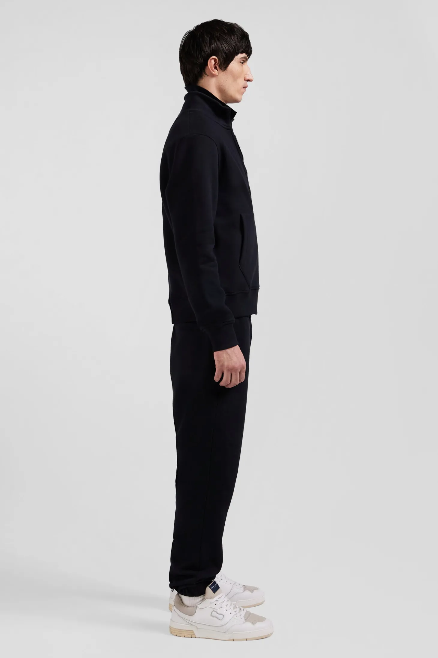 Regular black zipped brushed cotton fleece sweatshirt with high top collar