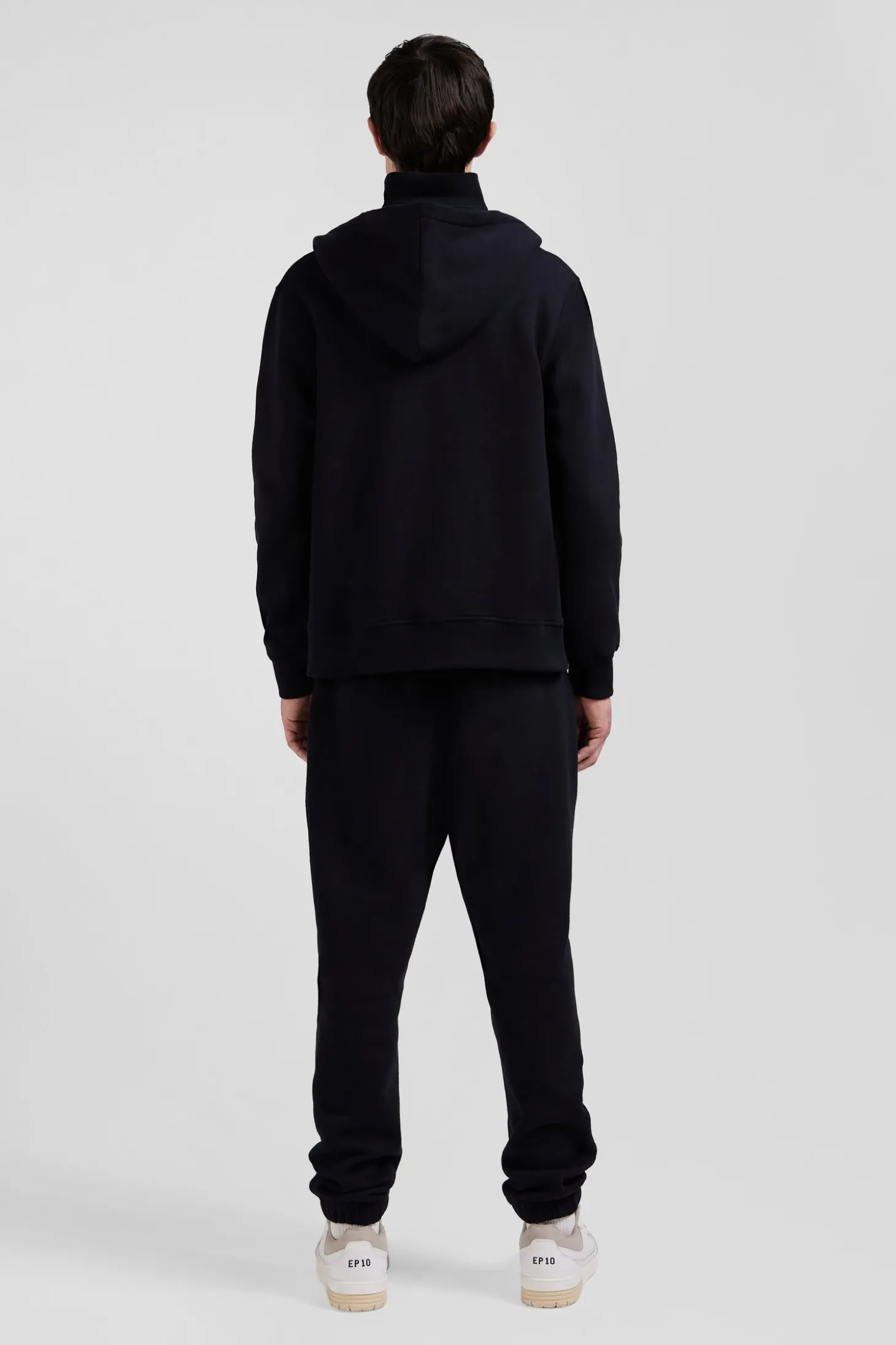 Regular black zipped brushed cotton fleece hoodie