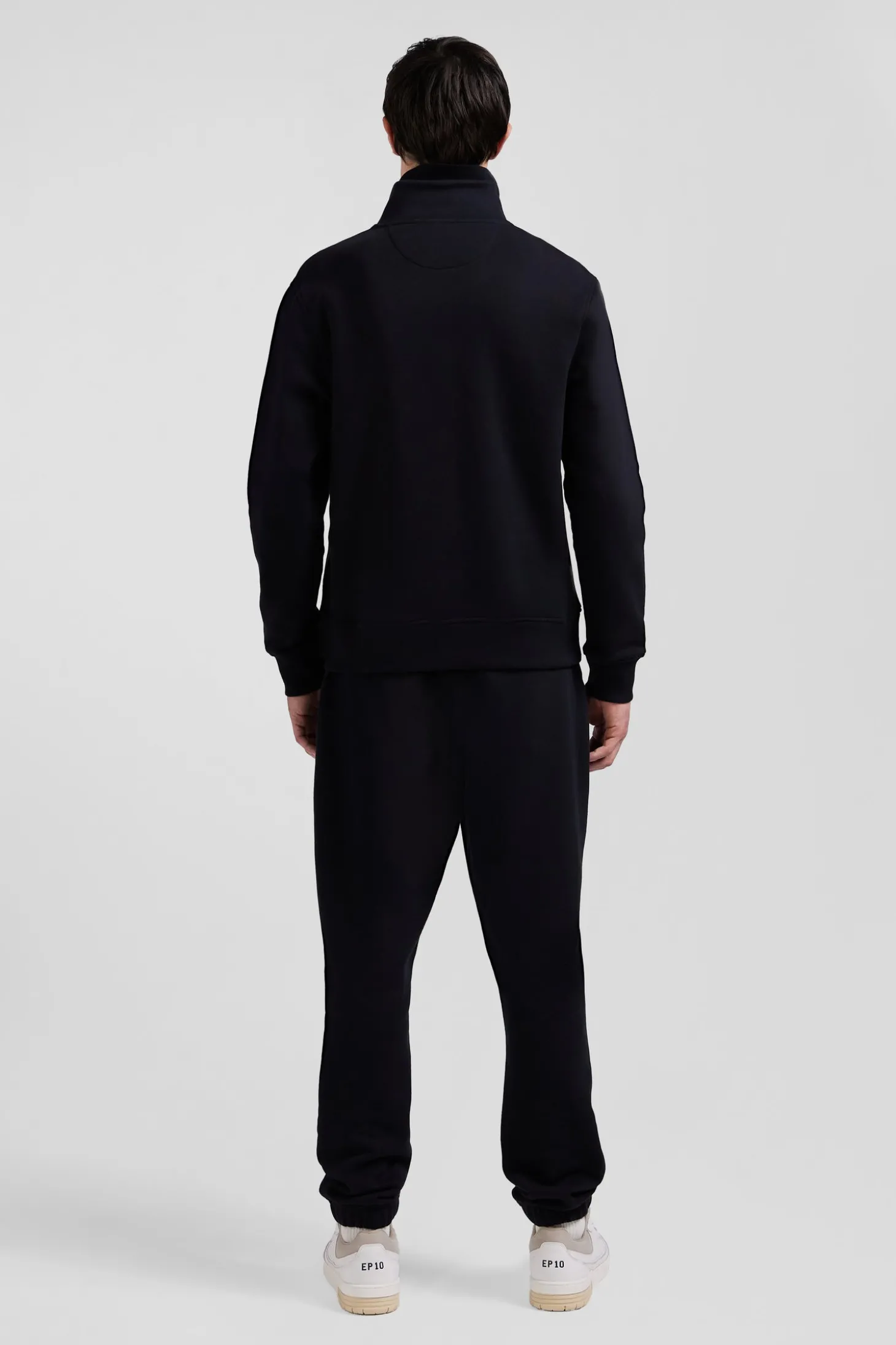 Regular black zipped brushed cotton fleece sweatshirt with high top collar