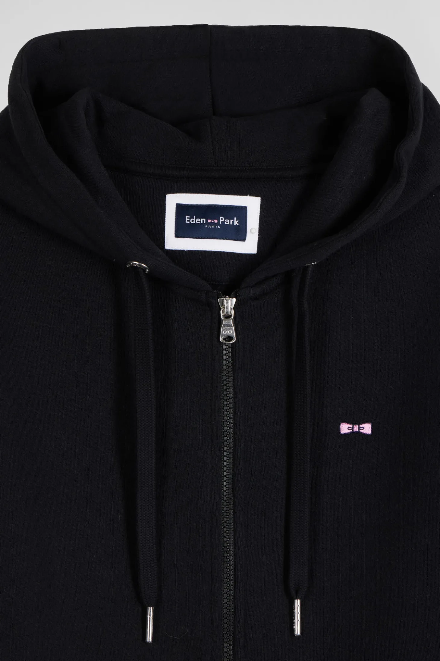 Regular black zipped brushed cotton fleece hoodie