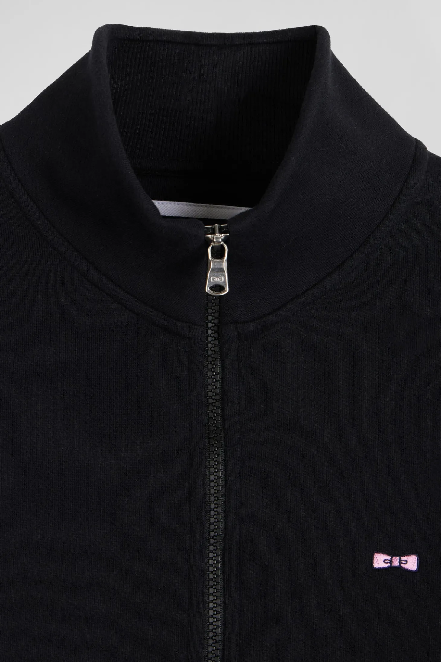 Regular black zipped brushed cotton fleece sweatshirt with high top collar