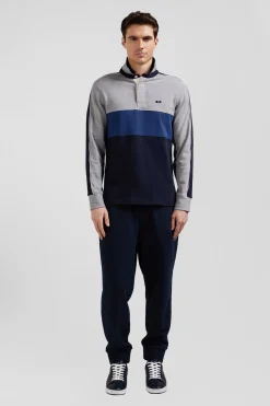 Regular blue and grey colorblock long-sleeved cotton rugby shirt