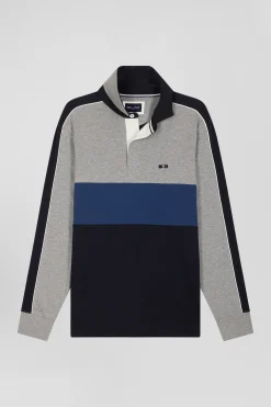 Regular blue and grey colorblock long-sleeved cotton rugby shirt