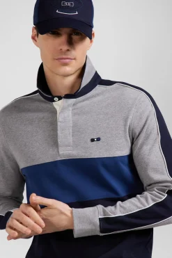 Regular blue and grey colorblock long-sleeved cotton rugby shirt