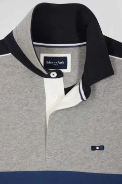 Regular blue and grey colorblock long-sleeved cotton rugby shirt