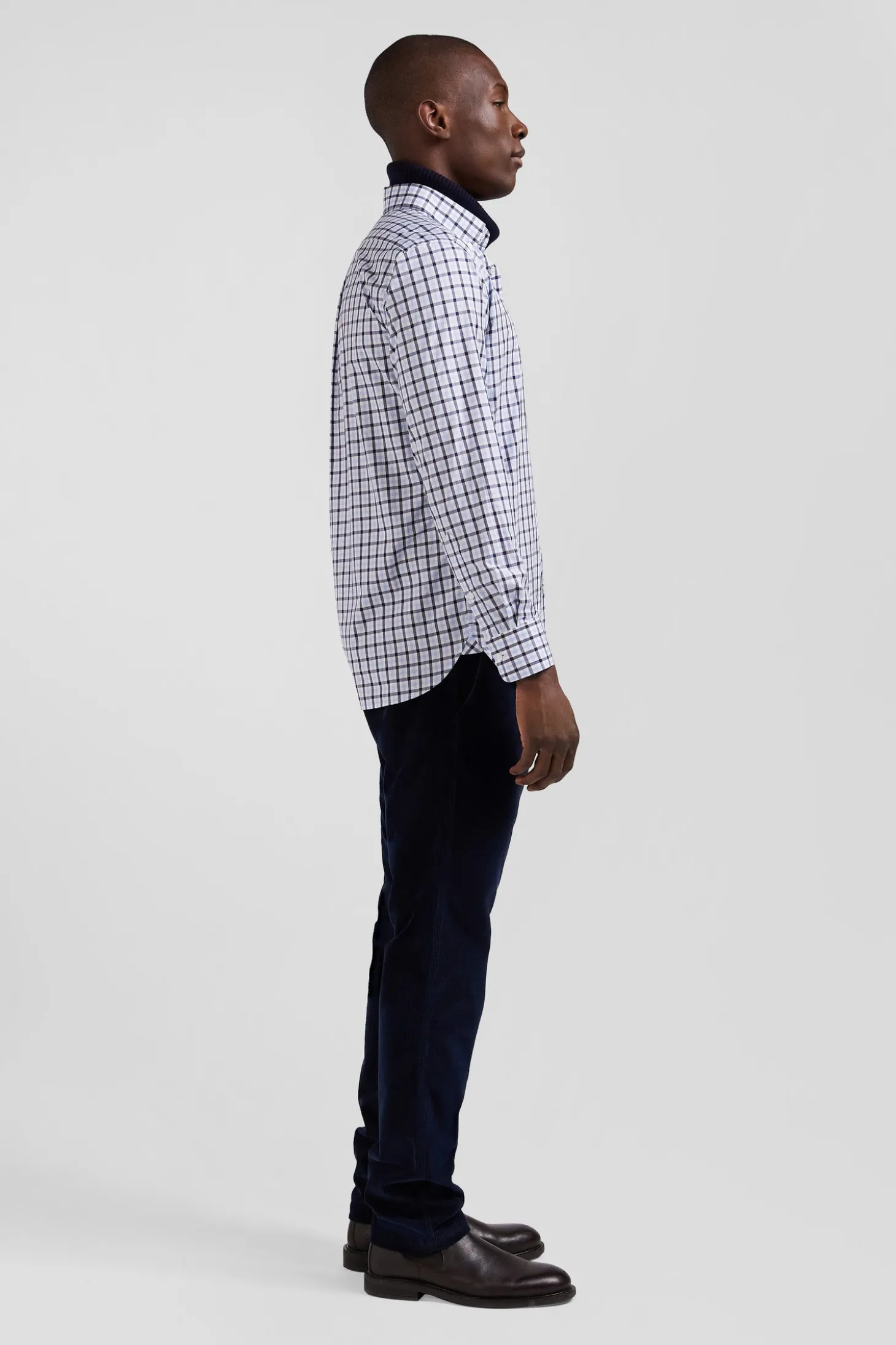 Regular blue and white checked cotton poplin shirt