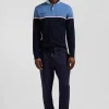 Regular blue bicolor long-sleeved cotton piqué polo shirt
