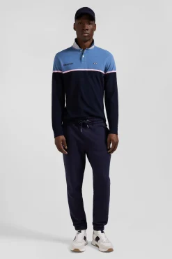 Regular blue bicolor long-sleeved cotton piqué polo shirt