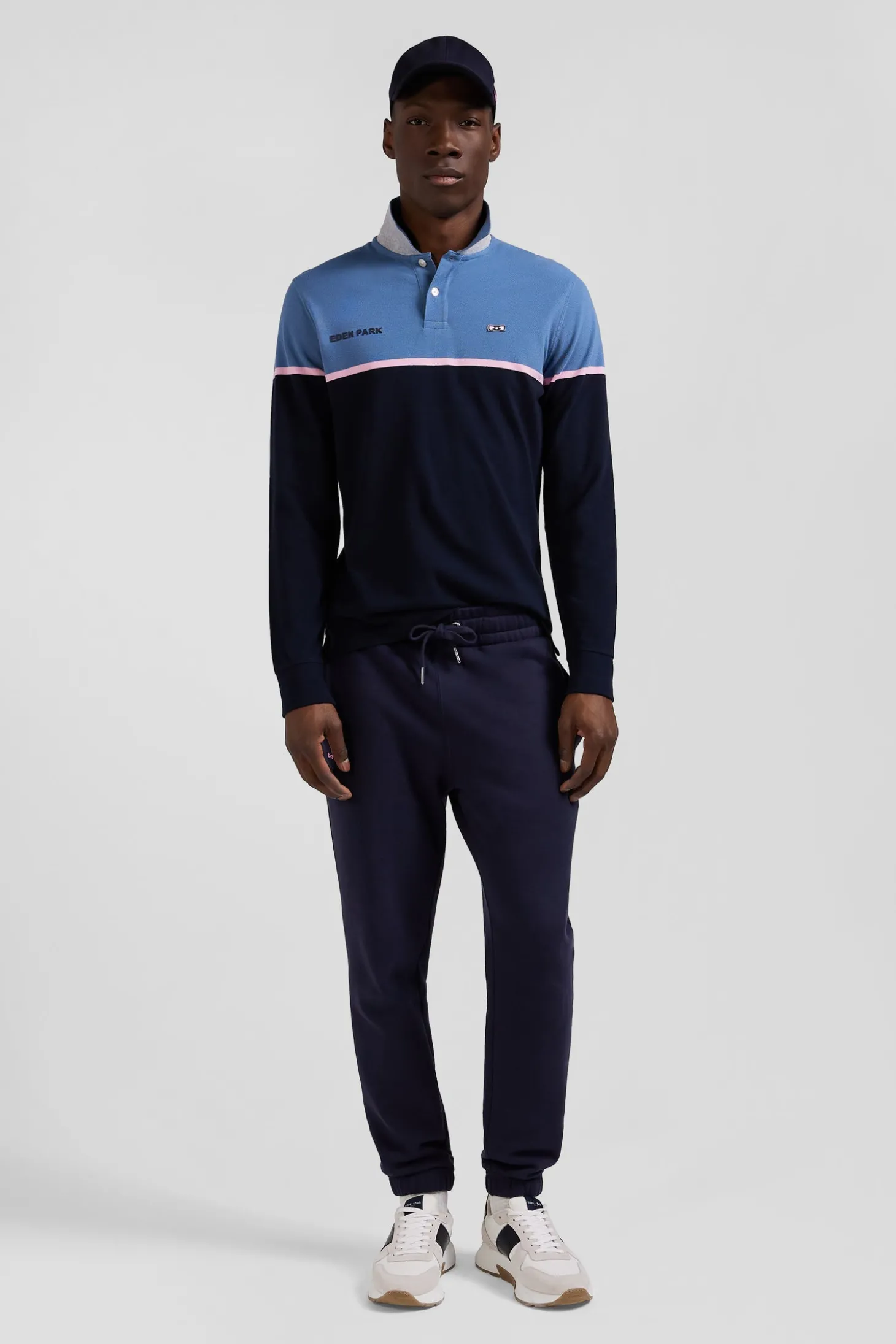 Regular blue bicolor long-sleeved cotton piqué polo shirt