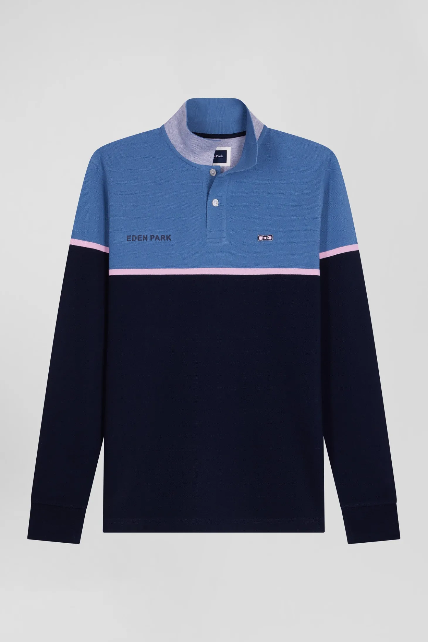 Regular blue bicolor long-sleeved cotton piqué polo shirt