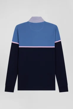 Regular blue bicolor long-sleeved cotton piqué polo shirt