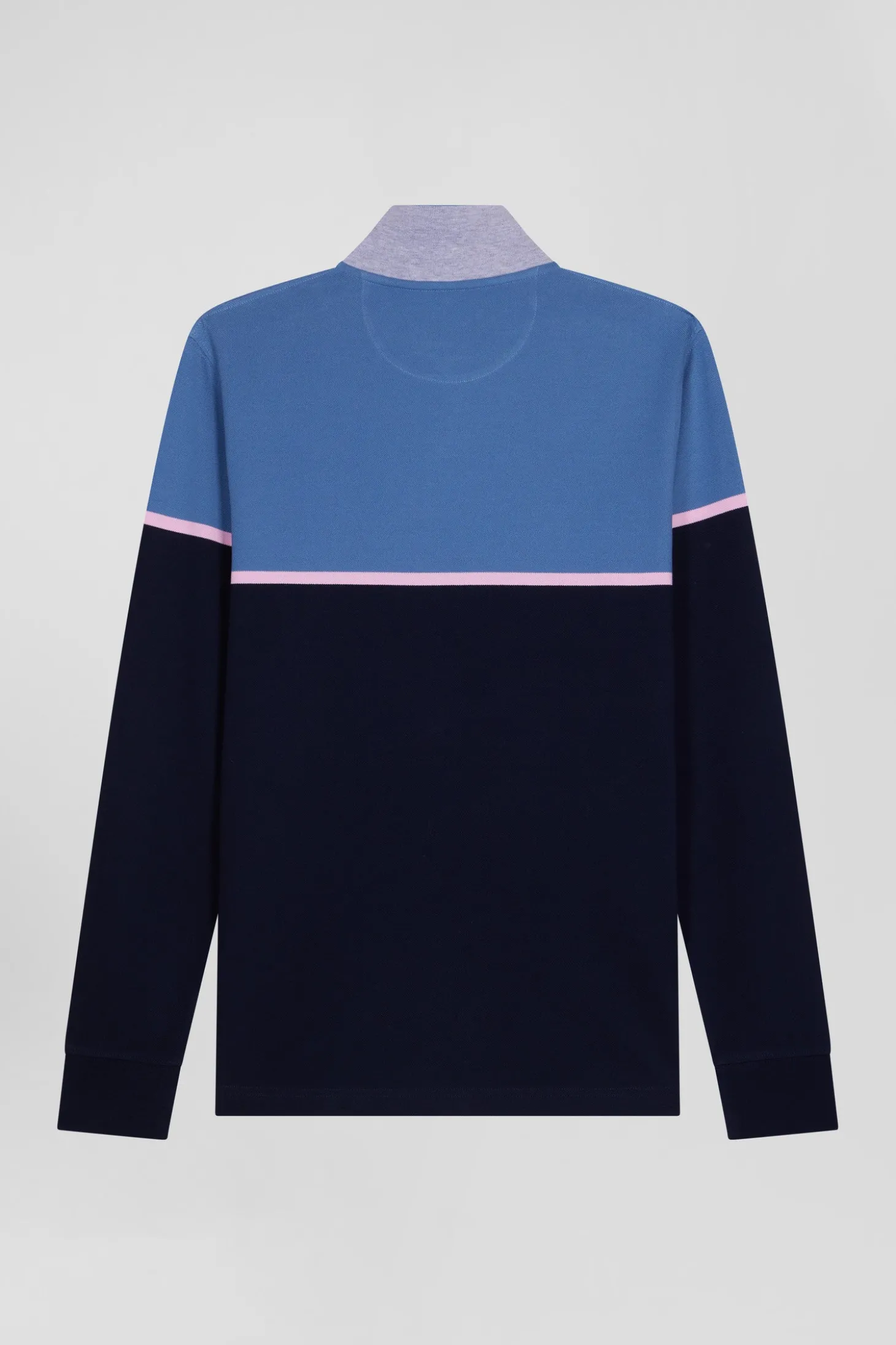 Regular blue bicolor long-sleeved cotton piqué polo shirt