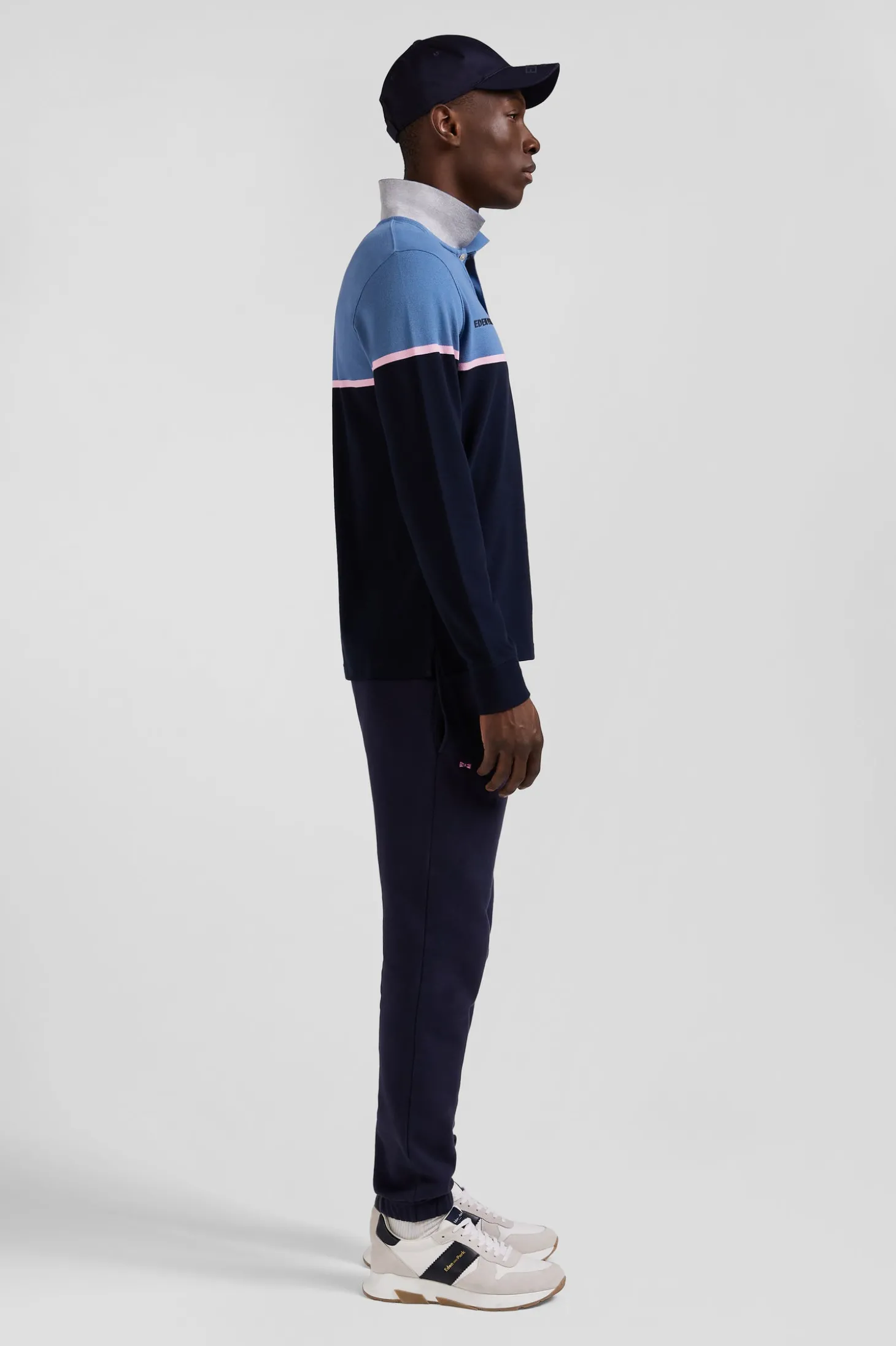 Regular blue bicolor long-sleeved cotton piqué polo shirt