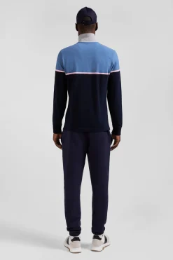 Regular blue bicolor long-sleeved cotton piqué polo shirt