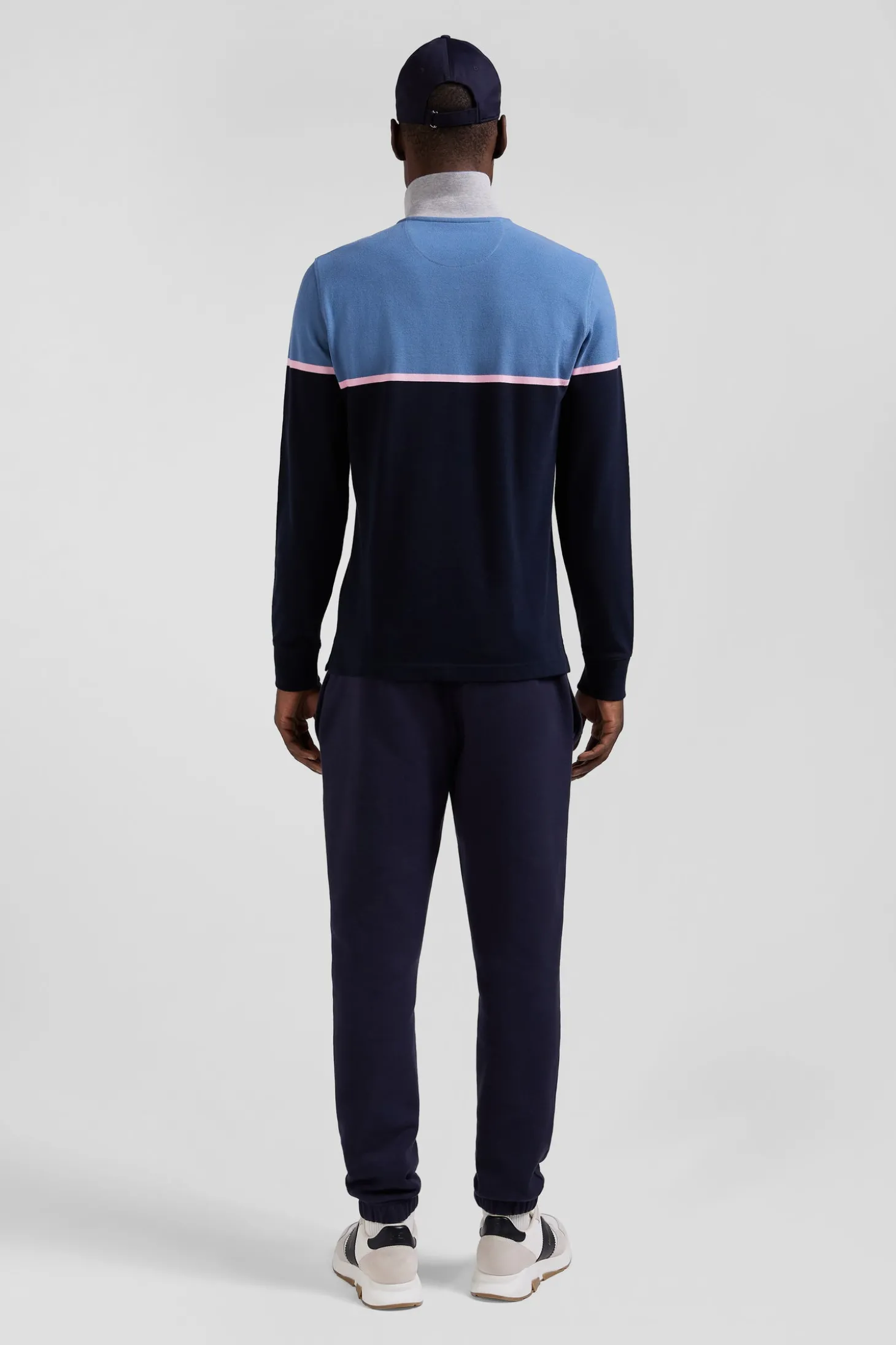 Regular blue bicolor long-sleeved cotton piqué polo shirt