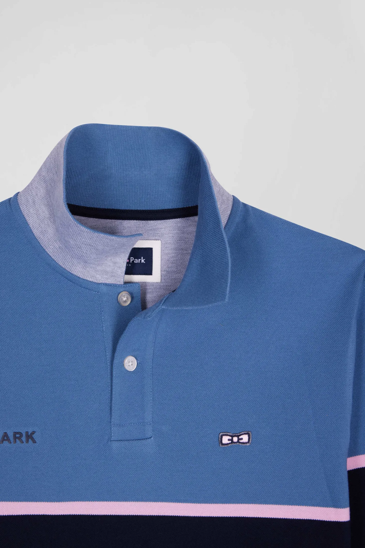 Regular blue bicolor long-sleeved cotton piqué polo shirt