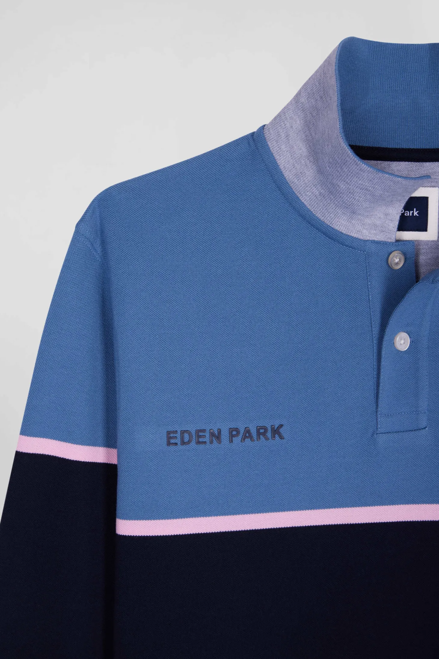 Regular blue bicolor long-sleeved cotton piqué polo shirt